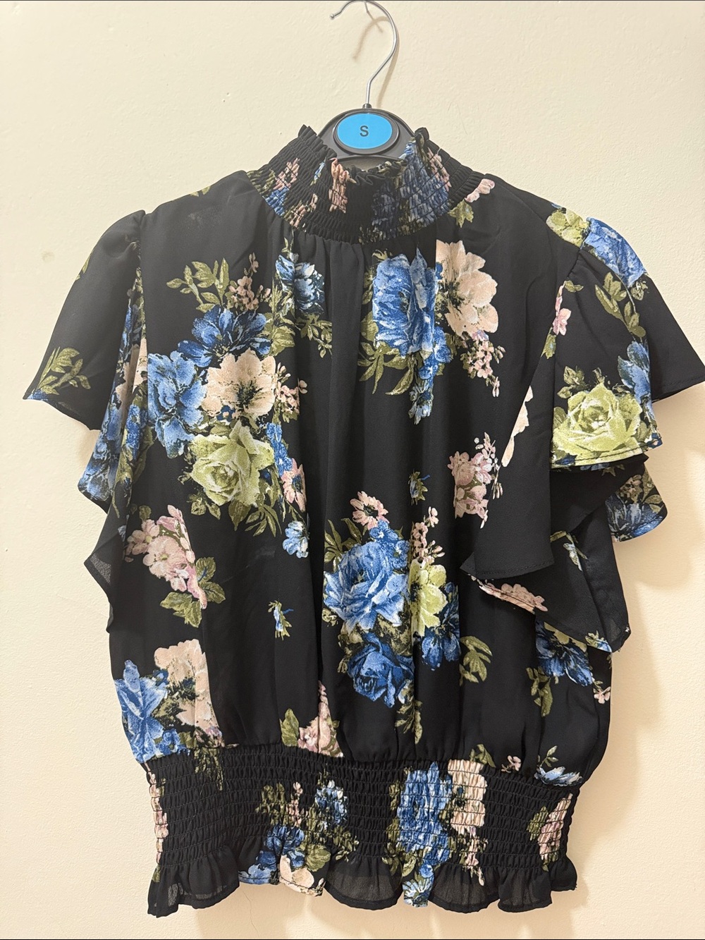 Smocked Neck Floral Blouse - Black with Blue & Green Flowers